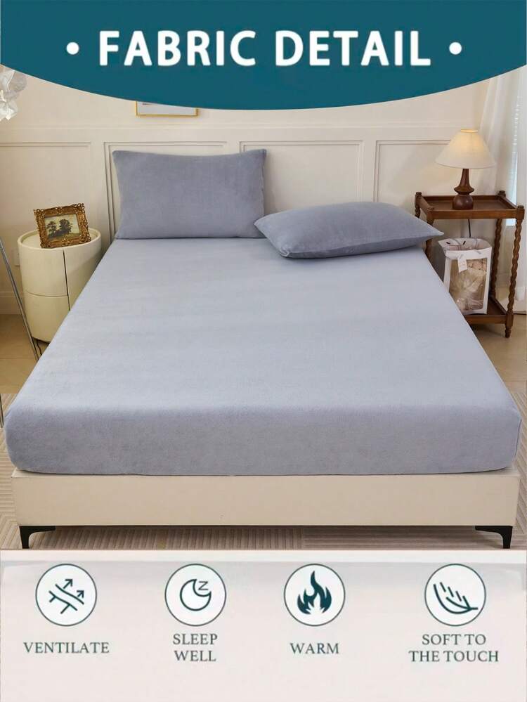 2/3pcs Light Gray Velvet Fitted Sheet Set Warm Soft Solid Fuzzy Fitted Sheet Bedspread Set King Queen Full Twin Size, Luxury Super Soft Cozy Comfy Bottom Sheet With 11.8" Deep Pocket,Suitable For Fall Winter And Spring 1Fitted Sheet+1/2Pcs Pillowcases - Light Grey - View 5