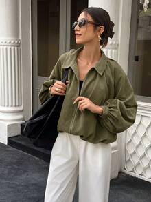 Women's Solid Color Puff Sleeve Zipper Pleated Jacket