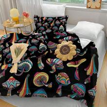 Colorful Mushroom Comforter Set - Black Aesthetic Hippie Theme Cartoon Bedding (Twin, 1 Comforter 2 Pillow Shams),23456157 - 鏽棕色 - 查看 2