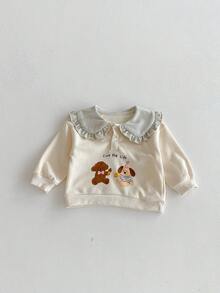 2 件套女婴可爱荷叶边领卡通熊和狗印花运动衫 + 粉色抽绳裤舒适休闲宽松装，春秋 - 杏色 - 查看 8