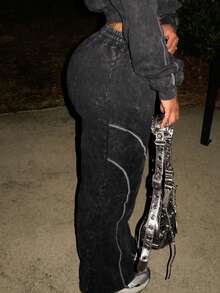 LovelyWholesale Pantaloni sportivi da donna con coulisse e motivo a venature, dritti, per l'autunno quotidiano