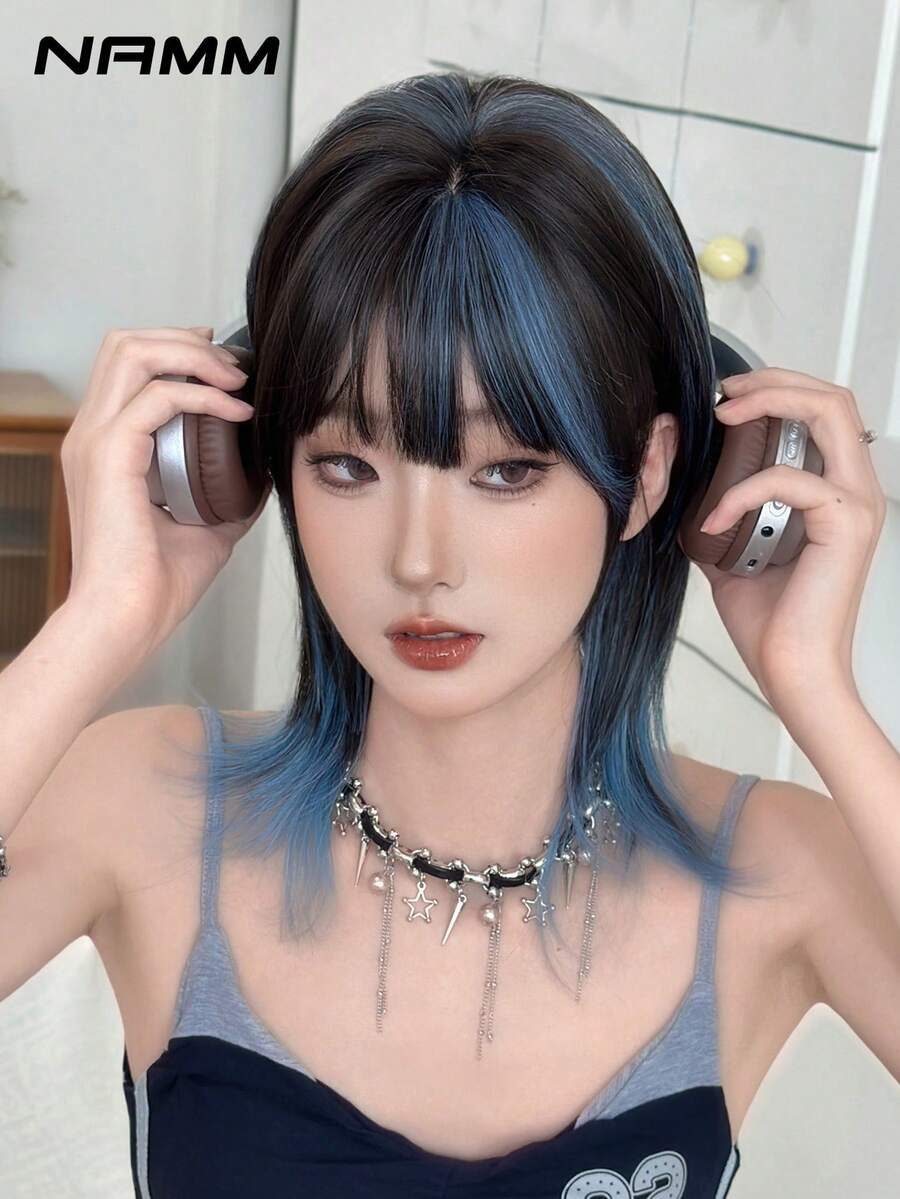 NAMM 16-Inch Premium Highlight Bule Wolf Cut Short Wig For Women Natural Looking Fluffy Very Soft Synthetic Heat Resistant Fiber Hair, Full Machine Beautiful Curly Wig For Girls Daily,Halloween Wig, Music Festival Party Street Wear, Cosplay Anime Or Costume Use(Natural Layered Texture & Lightweight) - Làm nổi bật màu xanh - Xem 1