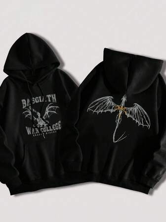 sweat-shirt à capuche oversize pour femmes avec motif de dragon aux ailes et texte "BISCLATH WAR COLLEGE DRAGON RIDER". Décontracté et ample pour l'automne et l'hiver
