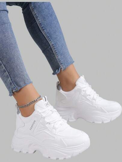 DareSee 8cm Invisible Height Increasing Platform Chunky Comfortable Casual Sneakers For Short Women, Suitable With Wide-Leg Trousers & Jeans, Leather, Spring And Autumn, Lace-Up White Shoes For Women Music Fest Y2K Fest Back To School Autumn Christmas Christmas Winter Christmas Gifts