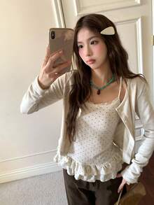 女士波点印花吊带背心和纯色开衫两件套，秋季时尚 - 杏色 - 查看 5