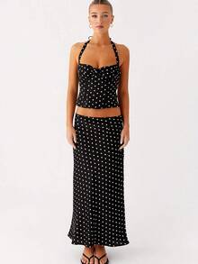 Women's Elegant Two-Piece Dress With Pleated Polka Dot Print On The Chest, Sleeveless Backless Lace Up Top And Long Skirt, Suitable For Dates, Parties, Clubs, And Outings - 黑色 - 查看 7