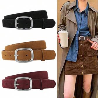 1pc Women's Suede Belt, Vintage Distressed Buckle Design, Suitable For Jeans, Fashionable