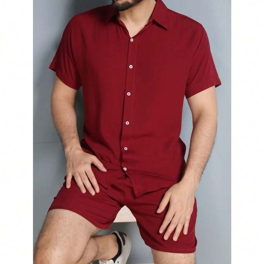 Men Shirt Co-Ords - 酒紅色 - 查看 1