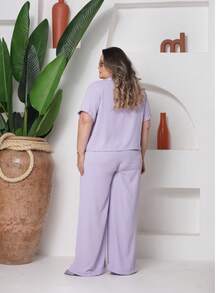 conjunto bia camisa e calça pantalona tem elástico nas costas Simples Botões na frente Botão Bolso tecido duna Férias - Roxo - Visão 2