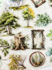 50pcs/Pack Vintage Tree & Floral Stickers For Scrapbooking, Diary, Album Decoration, Spring/Summer/Autumn/Winter Scrapbook Supplies Stationery - Multicolor - View 5