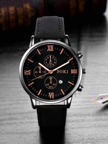 1pc Men's Watch, Calendar Function, Fashionable Round Dial Quartz Watch, PU Strap, Suitable For Daily Wear, Birthday Gift, Party, Holiday Gathering, Ideal Gift For Yourself Or Friends. No Packaging Box Included. - Black - View 5