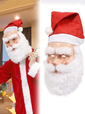 Set de 2 piezas Máscara de Hombre Viejo de Navidad, 1 pieza Gorro de Navidad + 1 pieza Máscara de Papá Noel con Barba Blanca, Adecuado para Decoración Navideña, Disfraces de Fiesta de Navidad, Accesorios para Fotos de Navidad, Regalos de Navidad