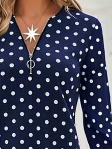 Camiseta estampada de moda para mujer, top de manga larga con cuello en V casual, diseño con cremallera, cómodo y elegante, lavable a máquina - adecuado para uso diario y ropa de estar en casa, ropa de mujer