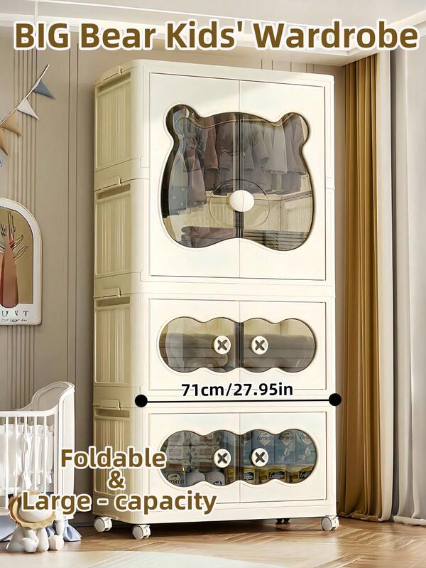 Children's Wardrobe Cabinet With Hanging Rod, 70cm/27.5inch Width Large Capacity Kids Clothes Organizer Wardrobe Storage Box, Foldable Wardrobe  Lid And Wheels Easy Install And Big Capacity Wardrobe Closet Storage For Kids Cloth And Multi Toys Storage Cabinet