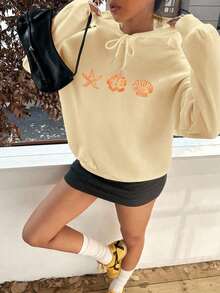 Winter Clothes For WomenAttitoon Casual Minimalist Starfish Printed Hooded Long Sleeve Loose Fit Thickened Sweatshirt For Women Summer Hoodie Cute Hoodies Seashell Hoodie Starfish Hoodie Hibiscus Hoodie,Back To School Autumn And WinterLoose And Comfortablehoodie Christmas Sweatshirt - 杏色 - 查看 3