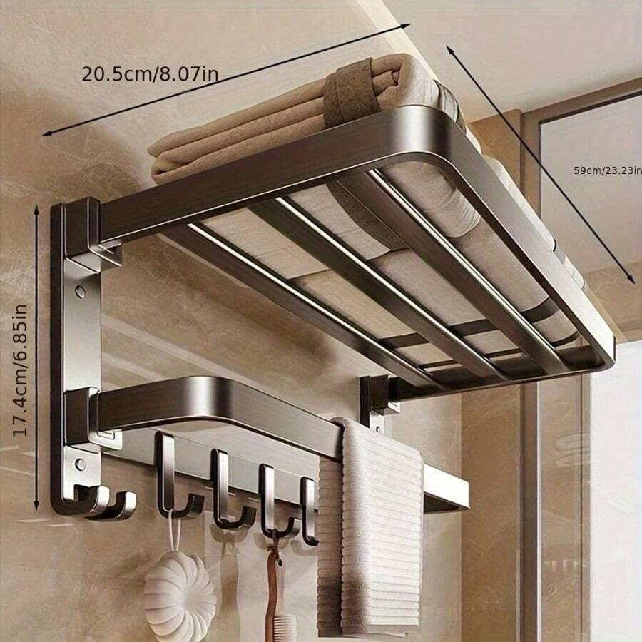 2-Tier Space Saving Wall Mounted Towel Rack With Hooks, Foldable Bathroom Storage Shelf, Suitable For Modern Bathroom - Stylish Design, Durable Metal Structure, Convenient Bathroom Towel Holder, Towel Bar