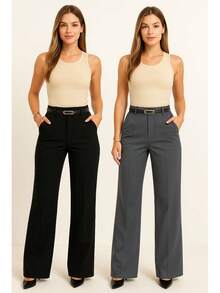 Kit Of 2 Women's Tailored Wide Leg Pants With Belt - 黑色/灰色 - 查看 2