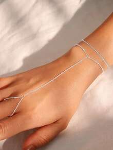 1 pieza Juego de pulsera y anillo minimalista de acero inoxidable, accesorio básico de estilo diario (cantidad de cuentas aleatoria) - Plateado - Ver 2