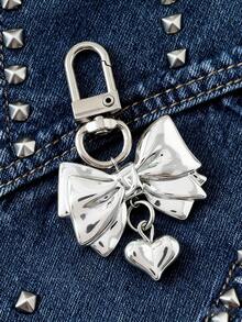 1pc Silver Alloy Bow & Heart Shaped Women Bag Charm, Wallet Accessory, Minimalist Punk Style, Suitable For Outings, Women's Gift, Girlfriend Birthday/Christmas Gift, Wallet Decor & Chain, Bag Pendant, Teacher Accessory