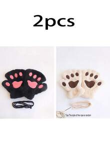 1 Pair Women's Beige Furry Cat Paw Fingerless Gloves, Animal Style Gloves Warm & Fashionable For Autumn/Winter - Beige - View 16