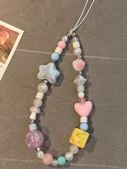 1pc Versatile Pink Heart Beaded Lanyard, Cartoon Doll Keychain, Keyring, Bag Charm, Suitable For Phone, Keys, Backpack, Handbag