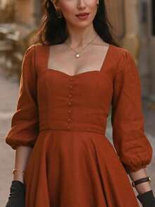 Women's Solid Color Rhinestone Collar Long Sleeve Simple Casual Retro Waist Fit Dress - Rust Brown - View 2