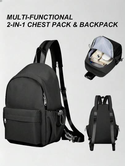 Functional Chest Bag Crossbody Backpack, 2-In-1 Convertible Chest Pack & Backpack - Lightweight Nylon Material, Water-Resistant, Perfect For Daily Commute, Casual Outings & Short Trips, Slim Design Saves Space, Suitable For Students, Office Workers & Outdoor Enthusiasts