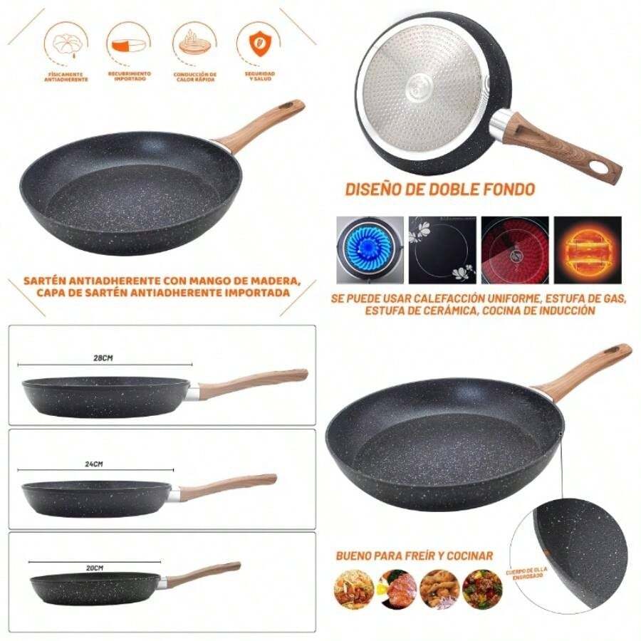 Sartenes con Revestimiento Antiadherente, Sartn de Piedra Libre de PFOA, Conduccin Uniforme y Rpida, Apto Universal para Estufas de Gas, Elctrica, Cermica etc. Juego de 3pzas - 20 centímetros - Ver 1