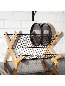 Estante plegable de bambú de 2 niveles - Organizador de almacenamiento y secado de cocina multinivel con rejilla desmontable para cubiertos, a prueba de humedad y fácil de montar, diseño moderno y ahorra espacio, estante para tazones de cocina, accesorio de cocina duradero - Decoración navideña