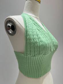 Simple, Knitted, Cable Knit, Backless, Beach, Tie-Up Crop Top - Olive Green - View 2