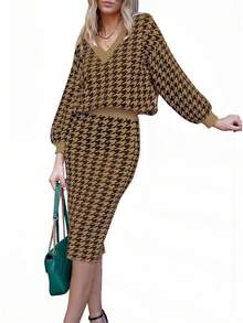 HUUSA Women 2 Piece Sweater Midi Pencil Skirt Set Fall Winter Split Dress Batwing Long Sleeve Oversized Top Casual Outfithalloween - 棕色千鳥格 - 查看 7