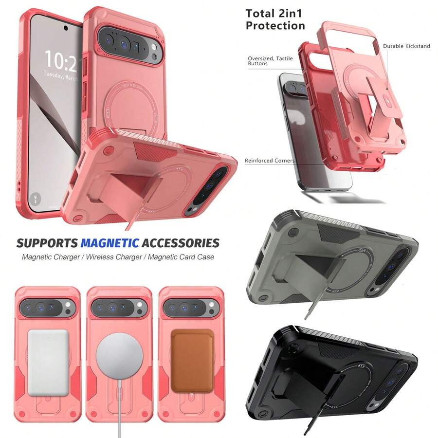 Pink For Pixel 9/Pixel 9 Pro/9 Pro XL/Pixel 10/Pixel 10 Pro/10 Pro XL Shockproof Heavy Duty Magnetic Holder Case Hybrid Slim Dual Layer Stand Protective Kickstand Phone Cover With Universal Adjustable Phone Strap/Lanyard/Chain & Back Sticker - 粉色 - 查看 1