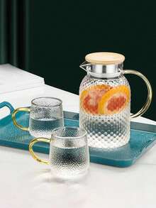 1个高硼硅玻璃果汁/饮料壶，带竹钢盖，米粒纹理冷水壶，大容量茶壶，厨房用具 - 彩色 - 查看 9