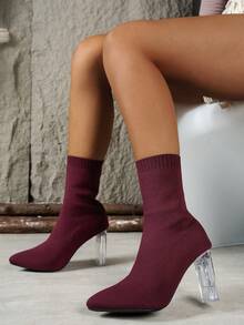 Botines de mujer de punto marrón con tacón alto/Tacón metálico grueso/Punta cuadrada/Diseño de calcetín elástico/Moda de otoño e invierno/Para fiesta y oficina. Botines de mujer de calcetín elástico con tacón alto/Marrón/Tacón metálico grueso/Punta cuadrada/Ajuste cómodo/Versátil para todas las estaciones