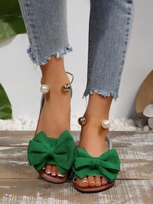 Giày sandal đế bệt hở mũi đơn giản trang trí nơ kim loại cỡ lớn cho nữ, thời trang thường ngày, giày đi biển mùa hè, thoải mái - màu xanh lá - Xem 4