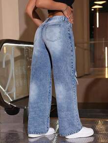 Jeans de mezclilla desgastados para adolescentes, pantalones rectos sueltos de estilo vintage Y2K, para uso casual diario, adecuados para la escuela, salir con amigos, fiestas