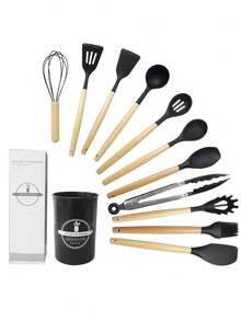 12pcs Silicone Kitchen Utensil Set. Non-Stick Spatula. Silicone Material. Upgraded Thicker, Durable. Silicone Spatula & Spoon Set. Heat Resistant Non-Stick Cooking Tools. Natural Solid Wood Handle. Easy To Clean, Dishwasher . Ideal For Holidays And Everyday Use - Perfect For Cooking.