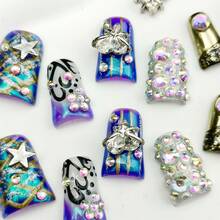 10pcs Pure Hand-Wom Nail,Cyberpunk Y2K Glam Stiletto Press - On Nails | Blue - Purple Ombre With Metallic Silver, 3D Metal Star & Heart Charms, Aurora Rhinestones & Iridescent Gems | Shimmer Finish Fake Nails - Perfect For Halloween Festivals, Clubbing & Edgy Street Style - 藏蓝色 - 查看 3