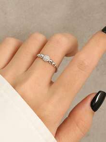 BALMORA 1 pieza Anillo de plata de ley 925 con bola redonda de circonita cúbica, anillo de dedo minimalista y de moda para mujeres - Plateado - Ver 3