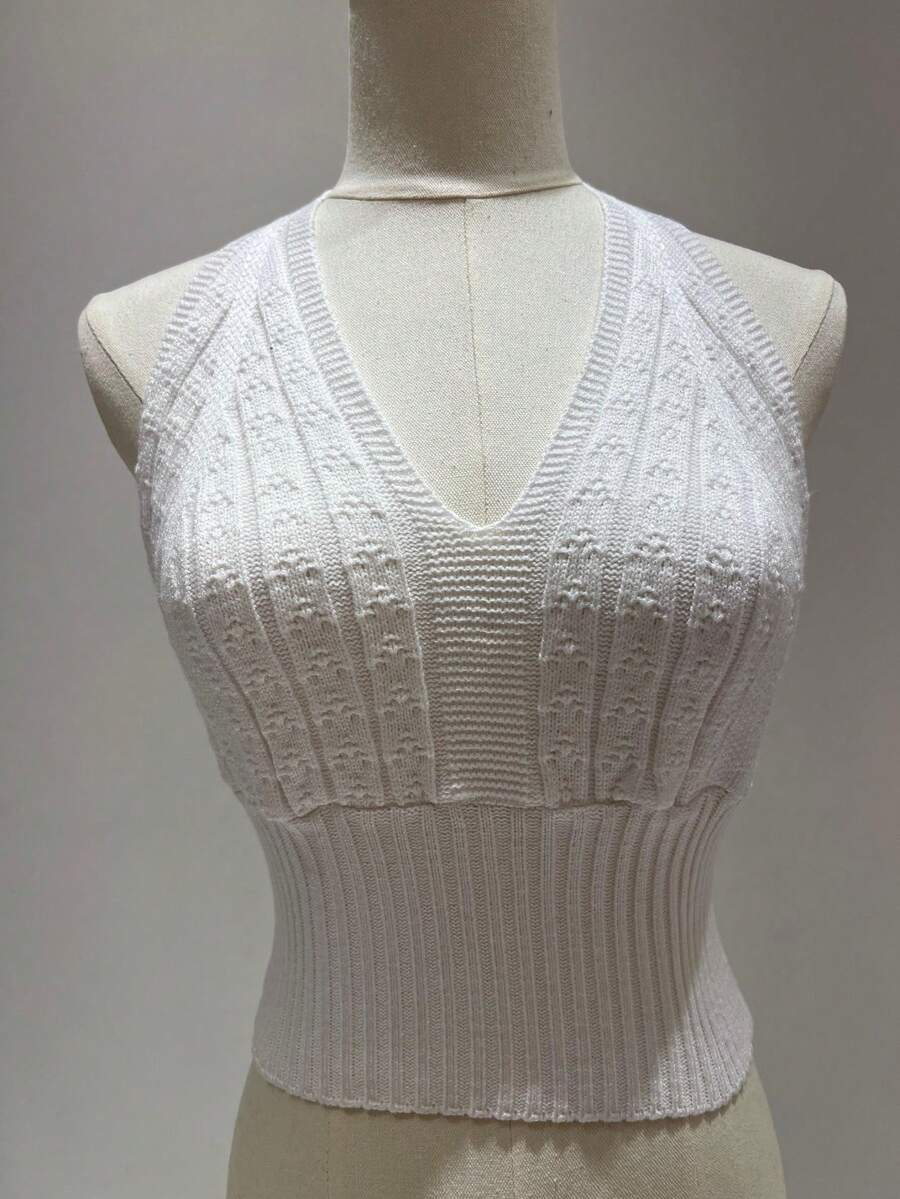 Simple, Knitted, Cable Knit, Backless, Beach, Tie-Up Crop Top - White - View 1