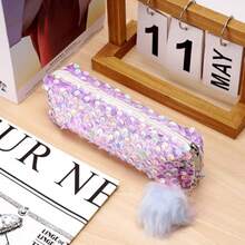 Purple Glitter Pencil Box Shiny Pencil Box Storage Pen Case Cosmetic Bag MultiPurpose Pens Pouch Pen Pouch Organiser With Zipper For Daily Work 1Pcs