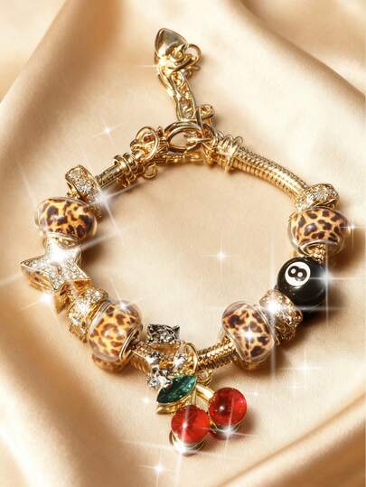 1 pezzo Bracciale con ciondolo a sfera da biliardo n. 8 con stampa leopardata e ciliegie, 1 pezzo Bracciale con cuore a stampa leopardata, 1 pezzo Bracciale con stampa leopardata, 1 pezzo Bracciale fai-da-te a forma di stella con stampa leopardata, Bracciale retrò da festival musicale di moda