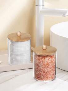 Pojemnik na patyczki kosmetyczne, słoik apteczny, uchwyt na kulki akrylowe, przezroczysty pojemnik łazienkowy z bambusową pokrywką, odpowiedni do wacików, 3 opakowania