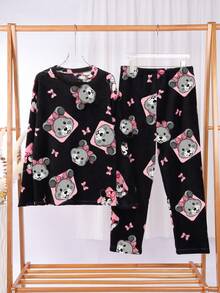 2Pzs Conjuntos De Pijamas Gruesos y Cálidos Térmica Para Mujer Top Y Pantalón pijama Polar Mujer - NEGRO - Ver 6