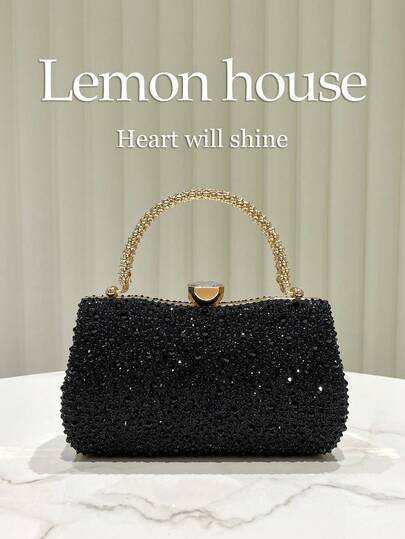 1pc Black Glitter Luxury Rhinestone Studded Clutch Bag, Elegant Formal Handbag Suitable For Evening Party, Wedding, Gala, Festival, Celebration