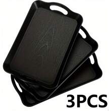 3pcs Plastic Rectangular Tray With Wood Grain Serving Plate, Hotel Restaurant Black Double Ear Anti Hand-Held Tray - Black - View 9