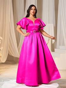 Robe de soirée élégante à col en cœur pour femmes grandes tailles, avec manches fluides et jupe évasée, taille ornée de perles et de sequins, buste ajusté. Convient pour les dîners de gala, mariages, tapis rouges, soirées d'opéra, galas de bienfaisance et autres occasions formelles. - Rose vif - Voir 4