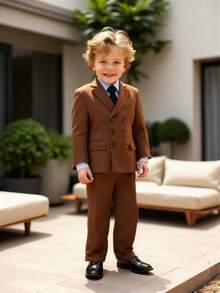 Setelan Jas Pria Tampan untuk Anak Laki-Laki, Blazer Kancing Ganda + Celana + Dasi, 3 Potong, Pakaian Formal untuk Pernikahan, Pertunjukan, dan Pesta Anak Laki-Laki - Coklat - View 6