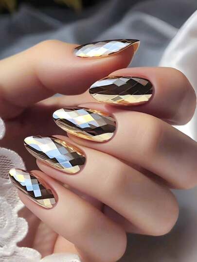 24 Pieces Of Nails, 3D Diamond-Shaped Stereoscopic Electroplated Super Shiny Nails Press On Nails Gothic Nails Golden Nails Press On Nails Almond Fake Nails Fall Press On Nails