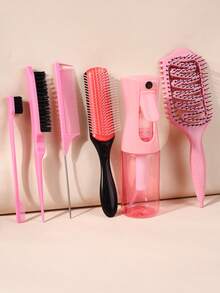 6pcs Styling Comb Set, New Upgrade Curl Defining Brush, 9-Row Cushion Nylon Styling Brushes, Mist Spray Bottle For Hair Bottle 200ml, Teasing Hair Brush, Rat Tail Comb, Edge Brush, Hairdressing Tools, Hairdressing Products And Accessories, From Ponytails To Braids And Sleek Edges, This Set Is Perfect For Managing Fine, Soft Hair, While Offering Precision For Styling And Parting - Multicolor - View 14
